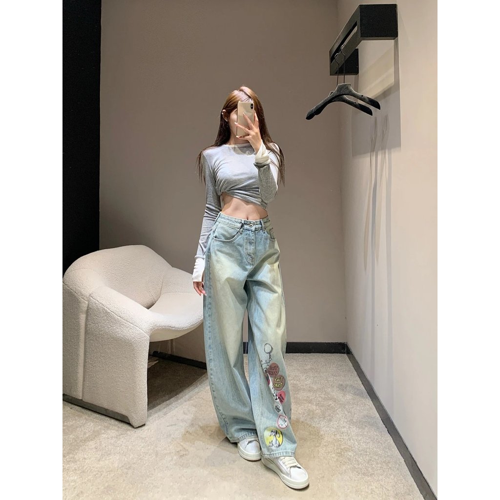 กางเกงยีนส์ลายพิมพ์สำหรับผู้หญิงในสไตล์ใหม่ MiuMiu ฤดูใบไม้ร่วงและฤดูหนาว รุ่นพิเศษ