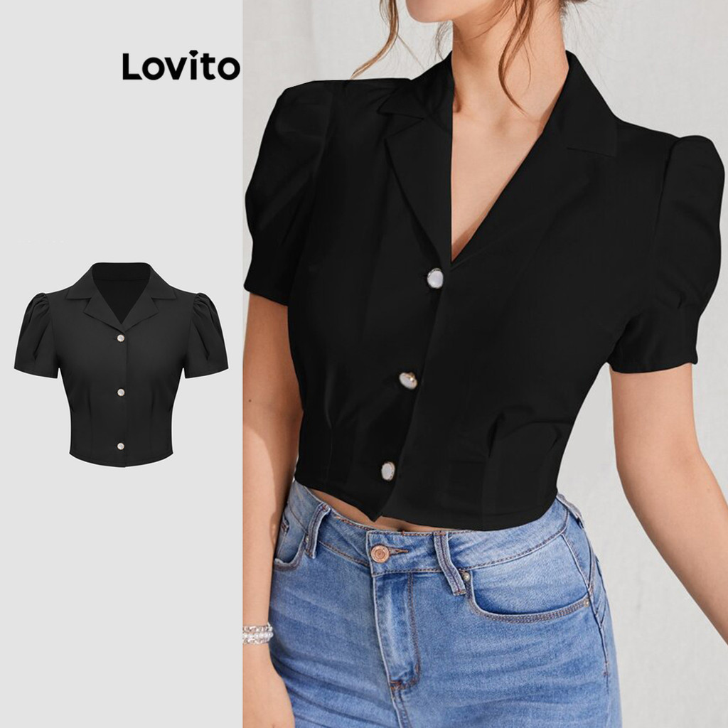 Lovito เสื้อเบลาส์ ผ้าเท็กซ์เจอร์ อัดพลีท แต่งกระดุม สีพื้น สไตล์ลำลอง สำหรับผู้หญิง L117AD047