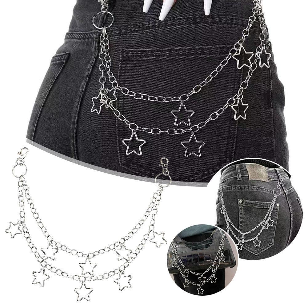 Punk Multi-layered กางเกงโซ่สําหรับผู้ชายผู้หญิง Cross Hollowed Star จี้ T4u3