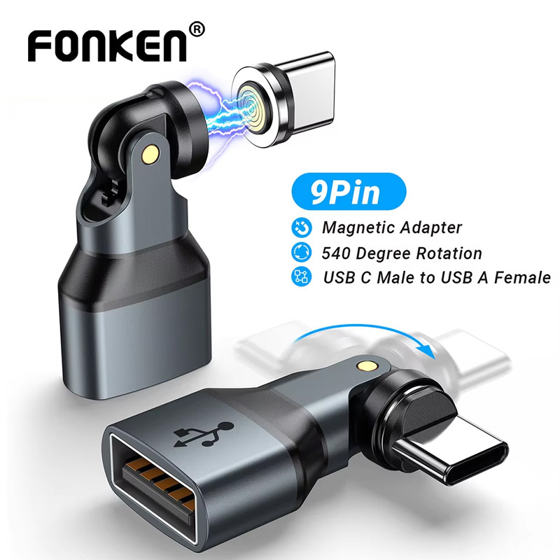 Fonken USB Female To Type-C Male Magnetic Adapter 540° ตัวแปลง Rotation 9Pin 3A OTG สําหรับแล็ปท็อปโ