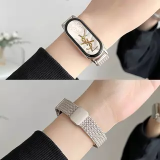 สายรัดข้อมือสแตนเลสลายรวงข้าวสำหรับ Xiaomi Mi Band 10 9 8 Xiaomi Smart Band 10 9 8 สายนาฬิกาโลหะสแตนเลส อุปกรณ์เสริมสำหรับเปลี่ยน