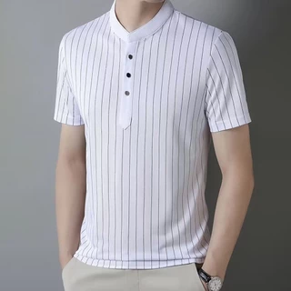 Chaistyle เสื้อยืดผู้ชาย คอตั้งโปโล มีกระดุม ลายทาง แบบบาง รัดรูป สบายๆ รุ่นใหม่ ระบายอากาศได้ดี เย็นสบาย