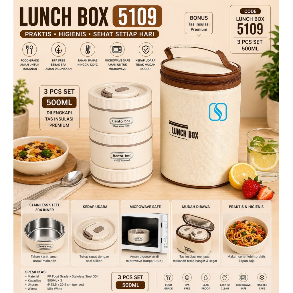 กล่องข้าว 3in1 5109 | 3-in-1 Lunch Box Bag Set - Your Healthy & Stylish Lunch Box Friend