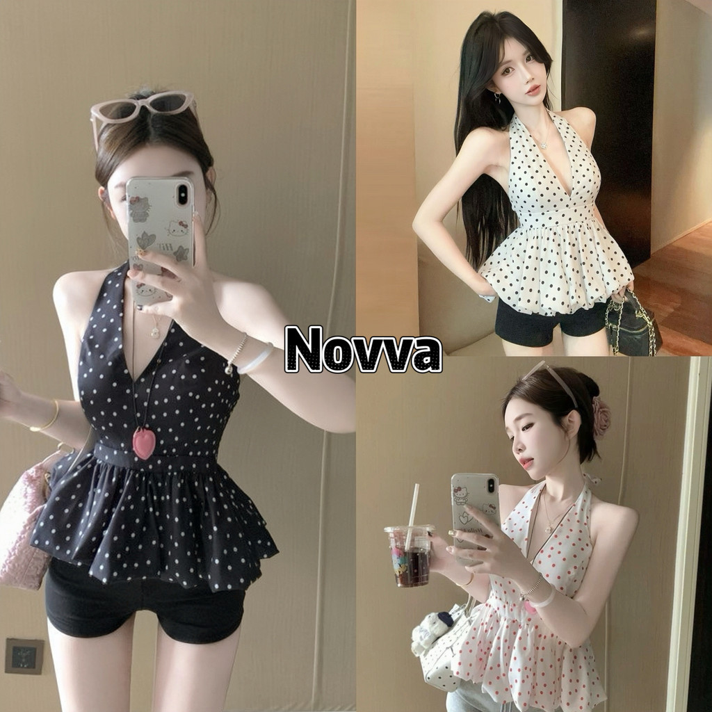 Novva ส่งไวจากไทย เสื้อแขนกุด ลายจุด คล้องคอ น่ารักเซ็กซี่ ใส่สบาย ผ้ายืด มี 3 สี