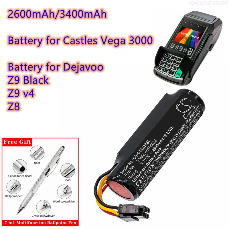 Cameron Sino Payment Terminal แบตเตอรี่ 3.7V/2600mAh/3400mAh V3M2, 40100023 สําหรับปราสาท Vega 3000,