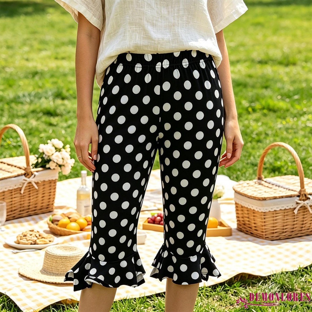 Demonlores-ผู้หญิงฤดูร้อนเข่าความยาวกางเกงขายาว Slim Fit Stylish Dot พิมพ์ Ruffled Trim Capri กางเกง