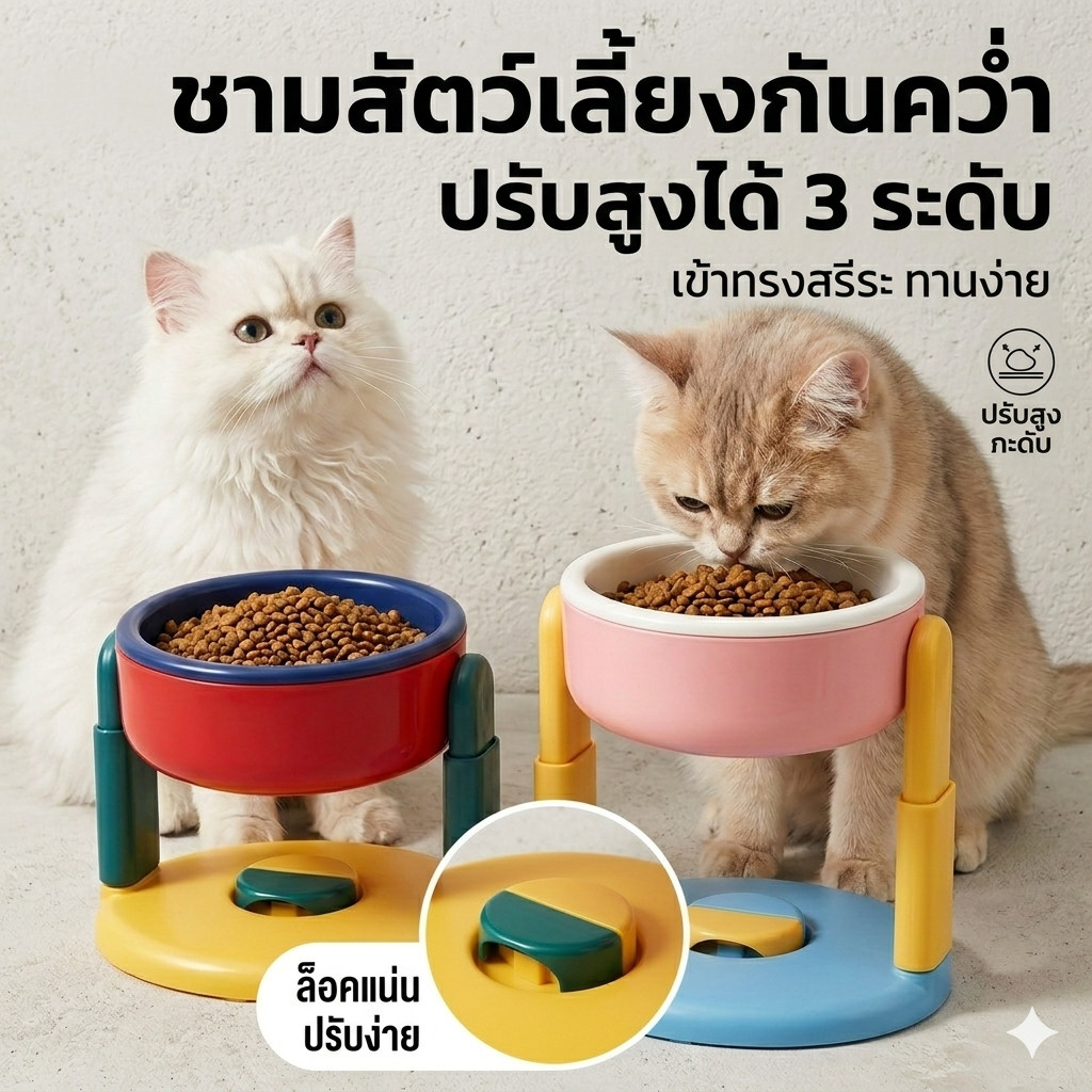 ชามอาหารหมาแมว PP ปรับระดับสูง-ต่ำ ป้องกันลื่น กินง่าย ไม่ทำร้ายคอ พร้อมส่งจากไทย