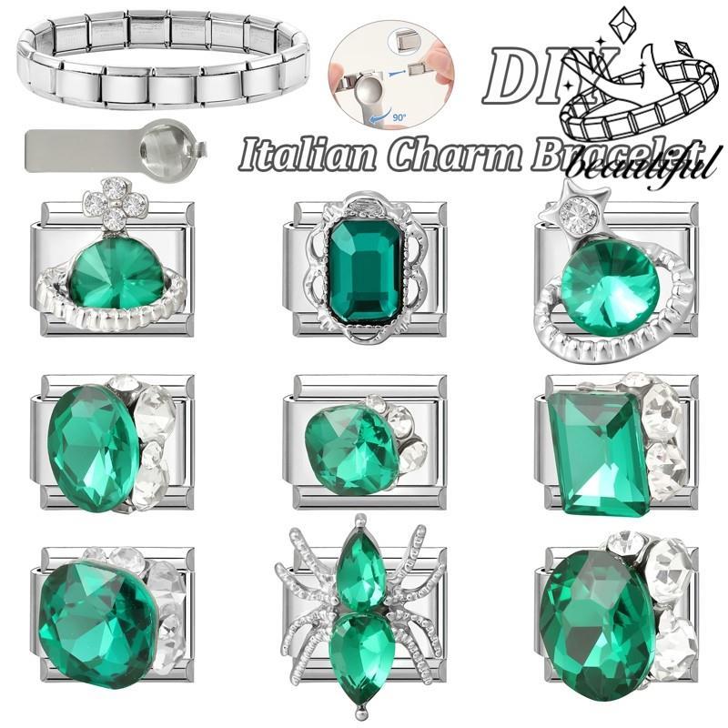 สีเขียวรอบ Spider สร้อยข้อมือ Charm อิตาเลี่ยน Fit 9 มม.สร้อยข้อมือสแตนเลสเครื่องประดับทําอุปกรณ์เสริม DIY Retro บุคลิกภาพโมดูลสร้อยข้อมือ