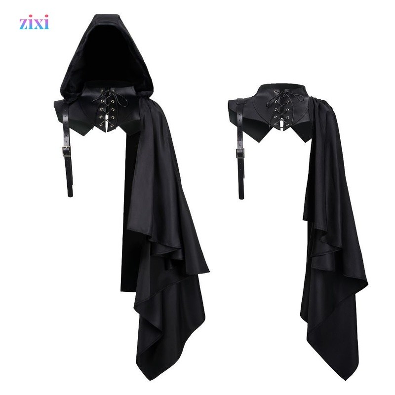 ยุคกลาง Grim Reaper สีดํา Cape คอสเพลย์แวมไพร์เสื้อคลุม Vintage ฮาโลวีน Hooded Demon Performance เครื่องแต่งกาย
