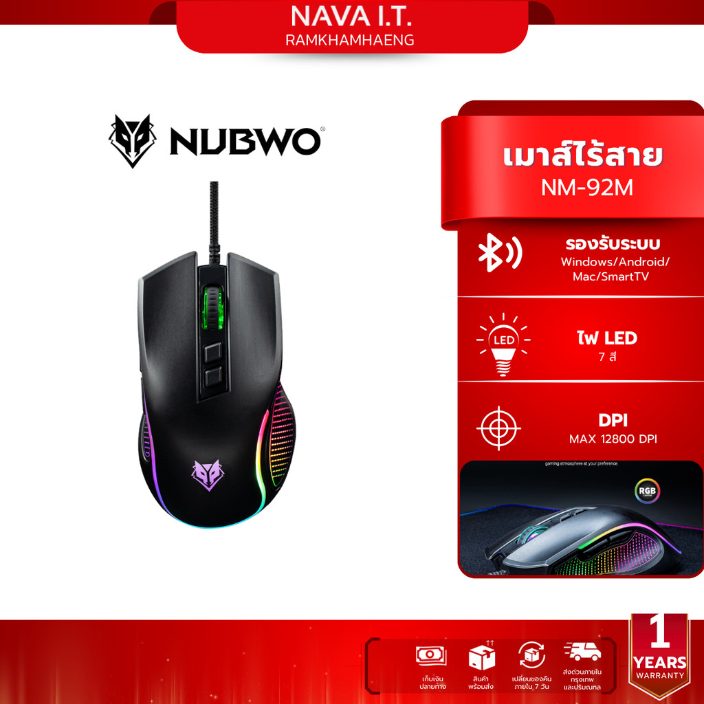 NUBWO NM-92M WIRED GAMING MOUSE RGB LIGHTING เมาส์เกมมิ่ง มีไฟ RGB รับประกัน 1 ปี