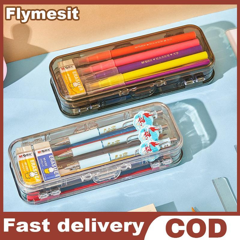 Flymesit กล่องปากกา Double Layers Clear ที่มองเห็นได้มัลติฟังก์ชั่ชายหญิงนักเรียนดินสอเครื่องเขียน Organizer กรณี EN