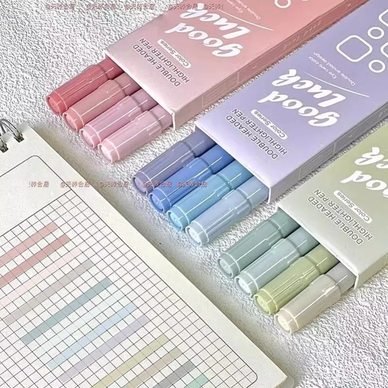 【Bubble Store】ปากกาไฮไลท์สองด้าน สีโมรันต์ นุ่มสบายตา ไม่ซึมเปื้อนกระดาษ ชุด 4 สี สำหรับจดบันทึกและตกแต่งแพลนเนอร์
