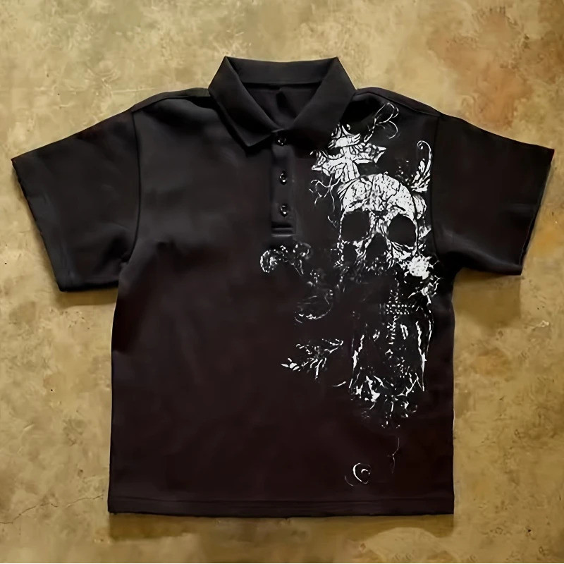 เสื้อโปโลลายหัวกะโหลกสไตล์วินเทจ Y2K |   สไตล์วินเทจแบบอเมริกันแนวสตรีท แขนสั้น ทรงปกติ ความยาวปกติ เหมาะสำหรับทุกฤดูกาล