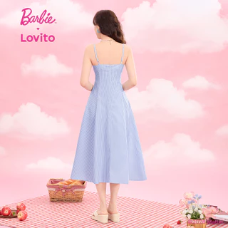 (KOL's pick) Barbie™ X Lovito วันหยุด ชุดเดรสผู้หญิงฤดูร้อนสีฟ้าขาว มีระบาย สไตล์ลําลอง เกาหลี อินเทรนด์ DRBL4PAD016