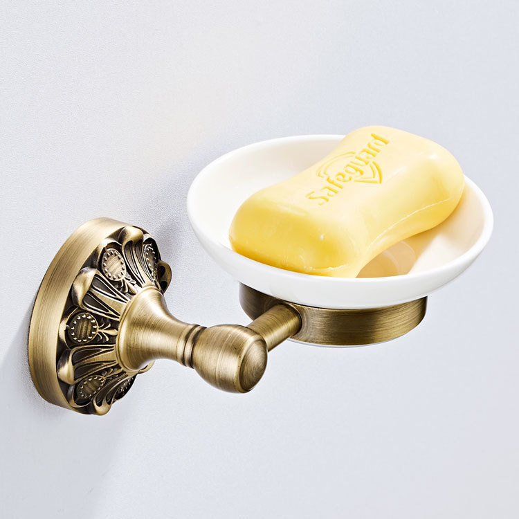 Antique-style ceramic round soap dish with floral base, wall-mounted soap holder for bathroom, antiq