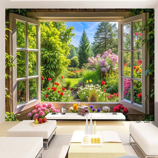 Healing Style Pastoral Window Scenery Tapestry 3D Extension Feeling Garden พื้นหลังผ้า B & B/Live Room Check-in พื้นหลังสาวหัวใจตกแต่งห้องนอน Tapestry [YT]