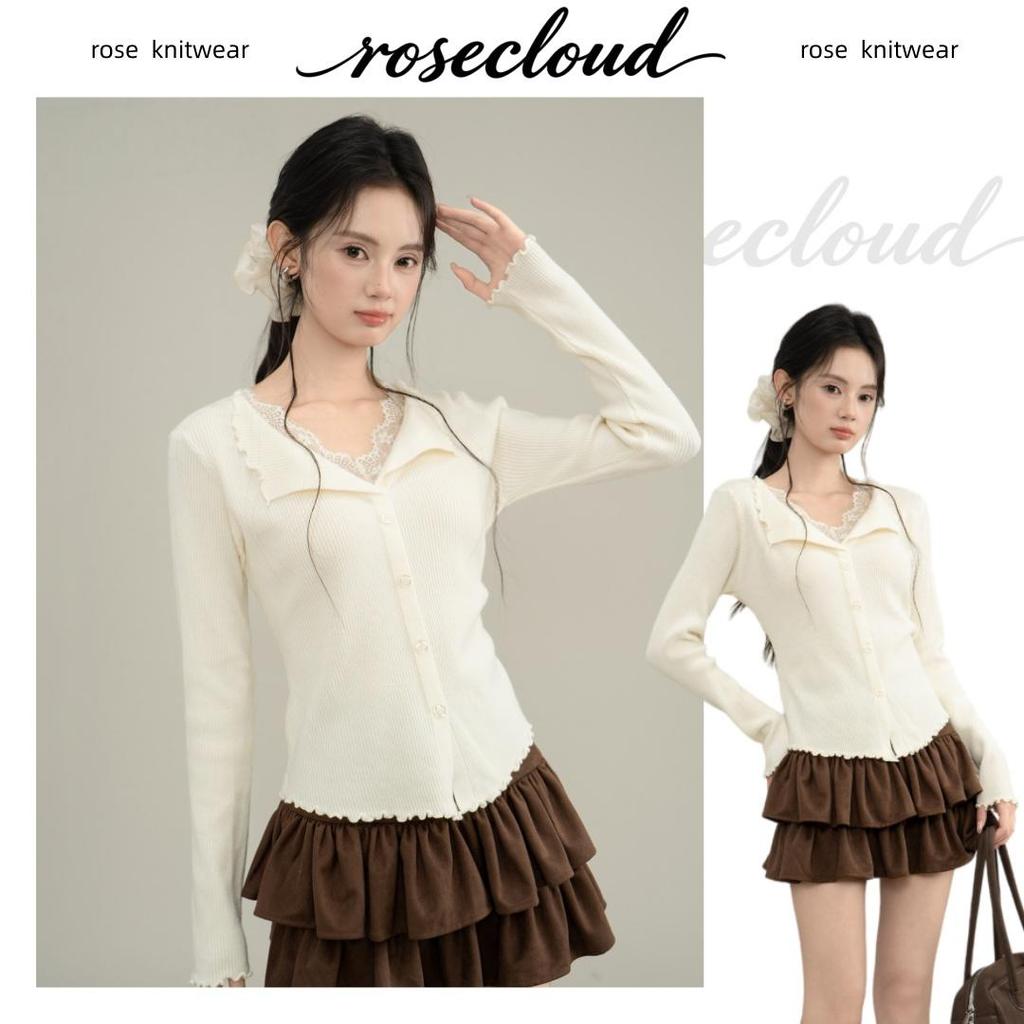 rosecloud เสื้อถักสองชิ้นสำหรับผู้หญิง ดีไซน์ลูกไม้เทียม สไตล์เกาหลีใหม่ สวมใส่สบายๆ ดูดีมีสไตล์