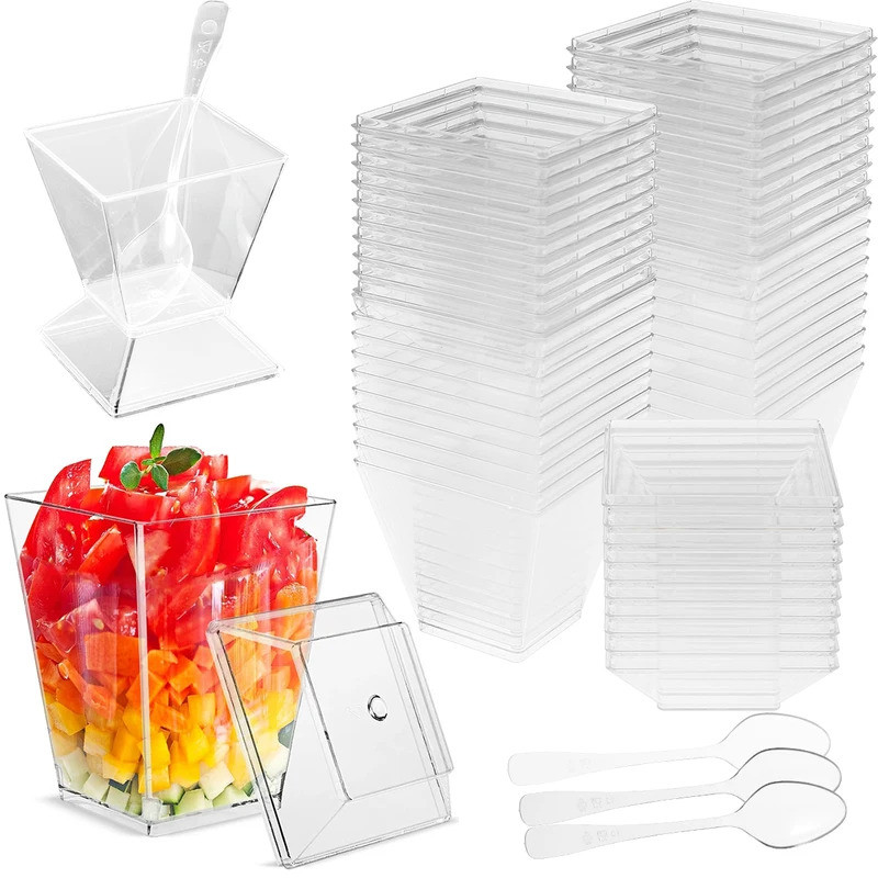 50Pcs Dessert Cup with Lid Spoon Clear Plastic 2oz/60ml Mini Dessert Pot Disposable Cups for Dessert
