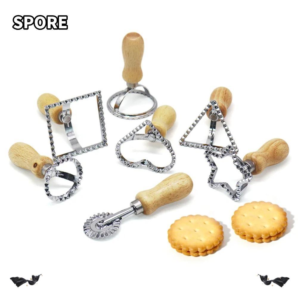 SPORE Ravioli Maker Mold, ด้ามไม้ Dumpling Lace Pastry Press Mold, คุณภาพคู่มือเบเกอรี่เครื่องมือแม่