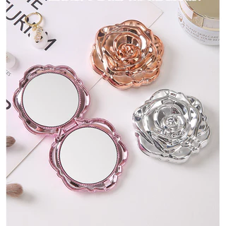 CIALLO Electroplated Rose Compact Mirror, กระจกกระเป๋าสองด้านแบบพับได้ขนาดเล็กพร้อมการขยาย, กระจกแต่งหน้าแบบพกพาสําหรับผู้หญิง, Travel & Daily Use