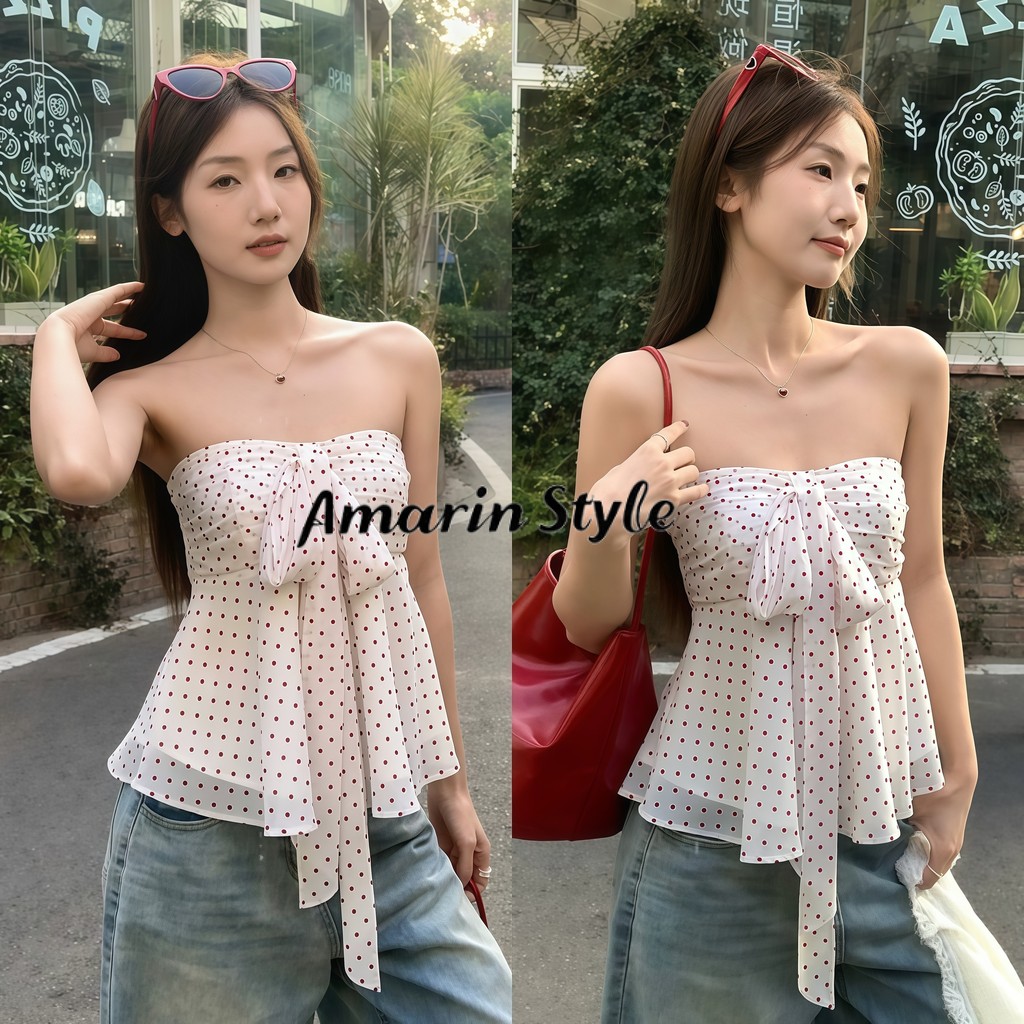 Amarin🌸พร้อมส่ง🌸เสื้อเกาะอก เกิร์ลลี่หวานน่ารัก Y2K ผ้าชีฟองลายจุด&โบว์สุดคิ้ว สไตล์สาวหวาน เหมาะหน้าร้อน FY2089#1