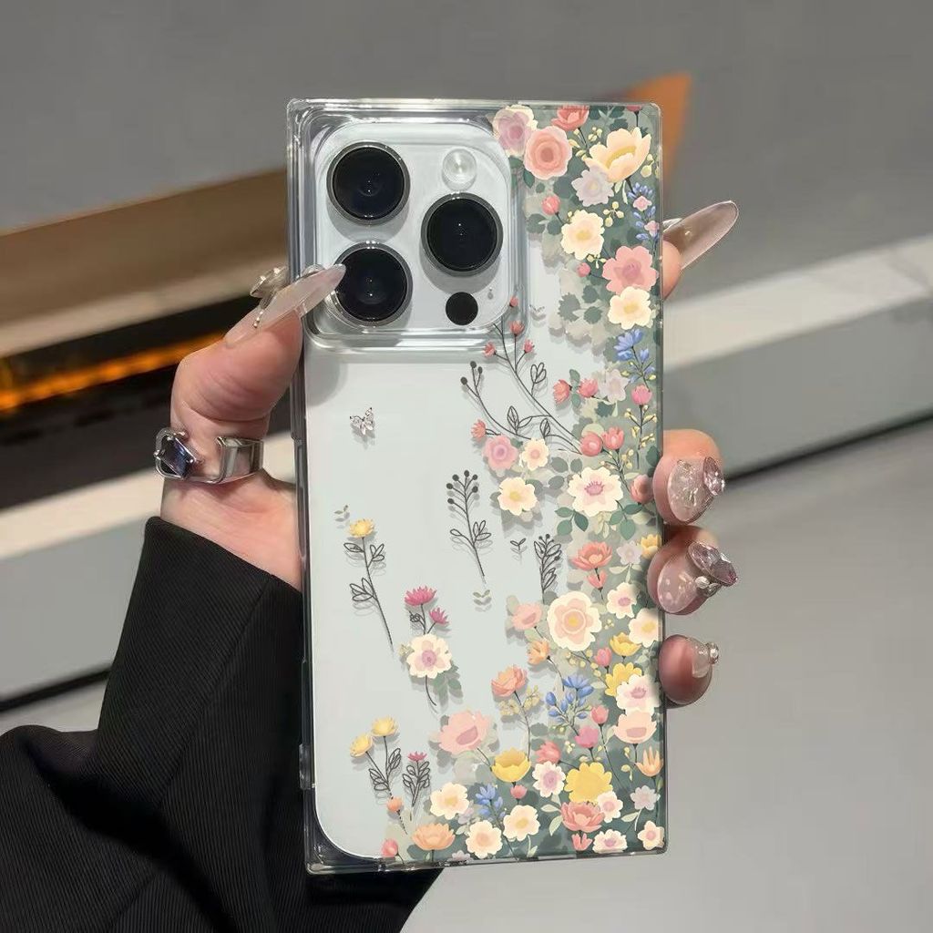 เคสโทรศัพท์ทรงสี่เหลี่ยมเหมาะสําหรับ iPhone 11 12 13 14 15 16 17 pro max Hollow ดอกไม้ที่ไม่ซ้ํากัน TPU โปร่งใส