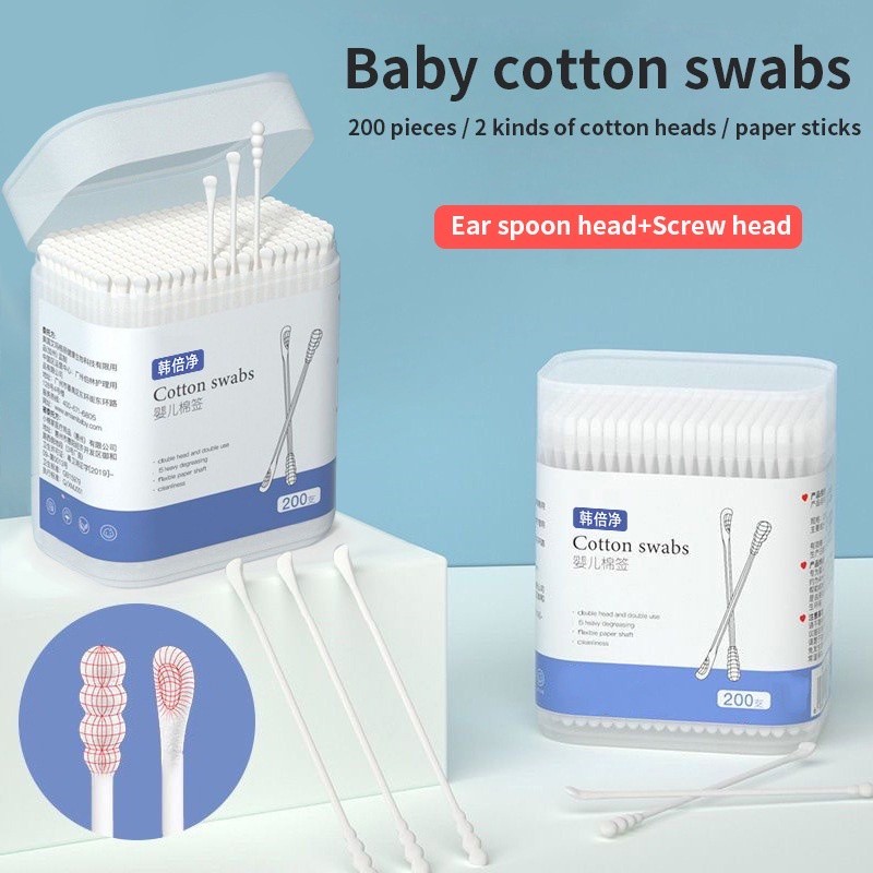 Thebest สําลี 3 in 1 w Case for Kids Baby Adult (สําหรับหู, จมูก, ปุ่มท้อง) 200 ชิ้น