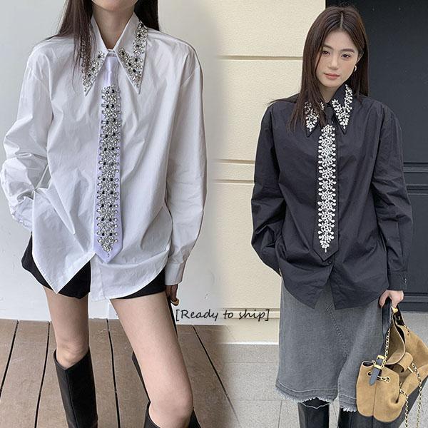 [สินค้าพร้อมส่ง]เสื้อเชิ้ตผ้าซาตินสีขาว ดีไซน์สไตล์ฝรั่งเศสประดับด้วยเพชรเทียม พร้อมเนคไท เสื้อแขนยาวสำหรับผู้หญิง#99398