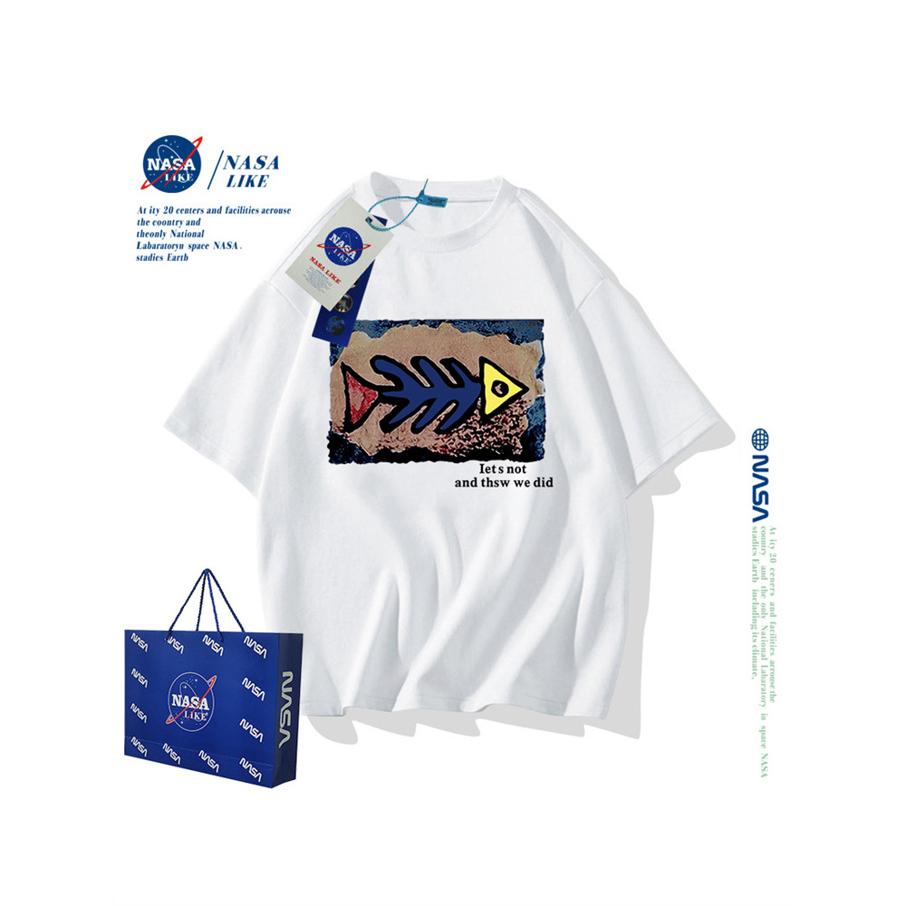 NASA Co-Branded NASA Co-Branded เสื้อยืดแขนสั้นชายหญิงฤดูร้อนผ้าฝ้ายแท้หนักพ่อแม่และลูก Fami