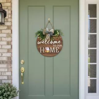 SHOUH ป้ายต้อนรับทรงกลม 2D, สไตล์ย้อนยุค 2D แบนรอบ Doorplate, Warm Home แขวนไม้กระดานตกแต่งบ้าน