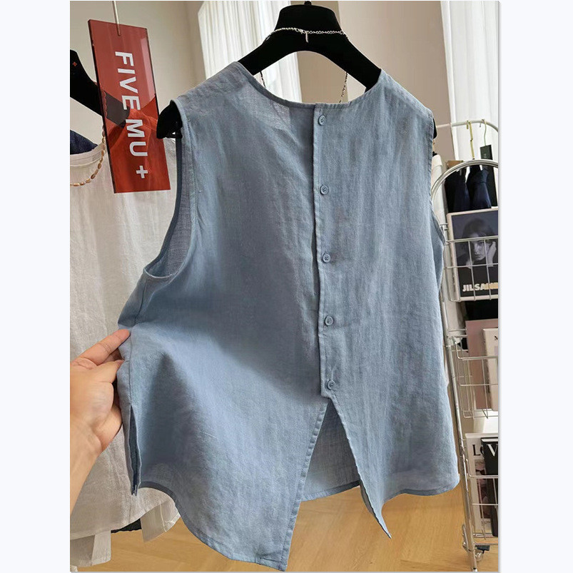 เสื้อกล้ามผ้าฝ้ายลินินผู้หญิง#804无袖棉麻衬衫女圆领背心设计感衬衣时尚宽松