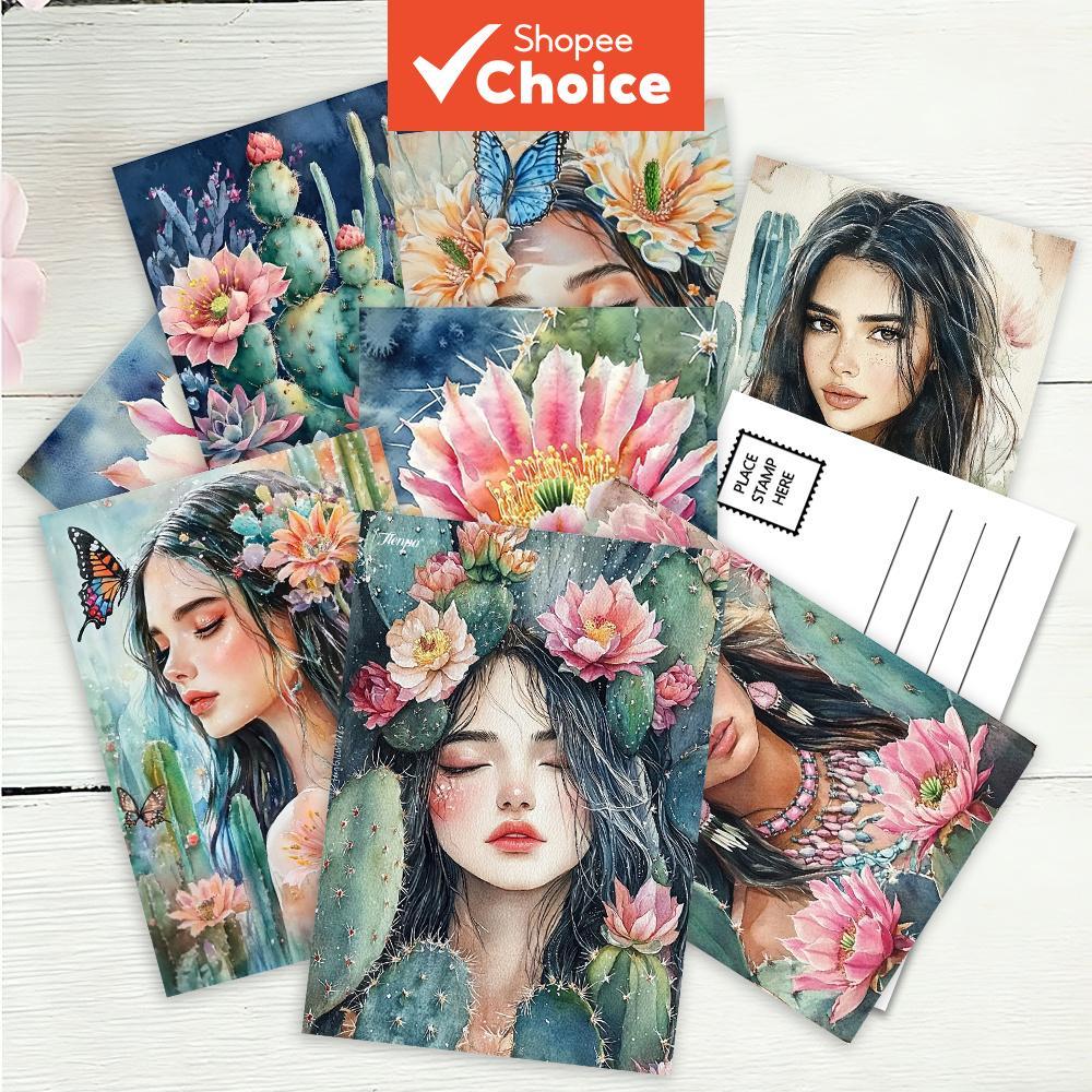 กระบองเพชร 32 ชิ้นและดอกไม้สีน้ําโปสการ์ด, การ์ดสต็อก หนา, การพิมพ์ความละเอียดสูง, สติ๊กเกอร์ตกแต่ง, ของที่ระลึก, สามารถเก็บและเมล