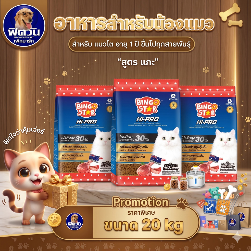 Bingo Star ไฮโปร แมวโต รสแกะ 20kg.(1กกx20ถุง){อาหารแมวเม็ด}