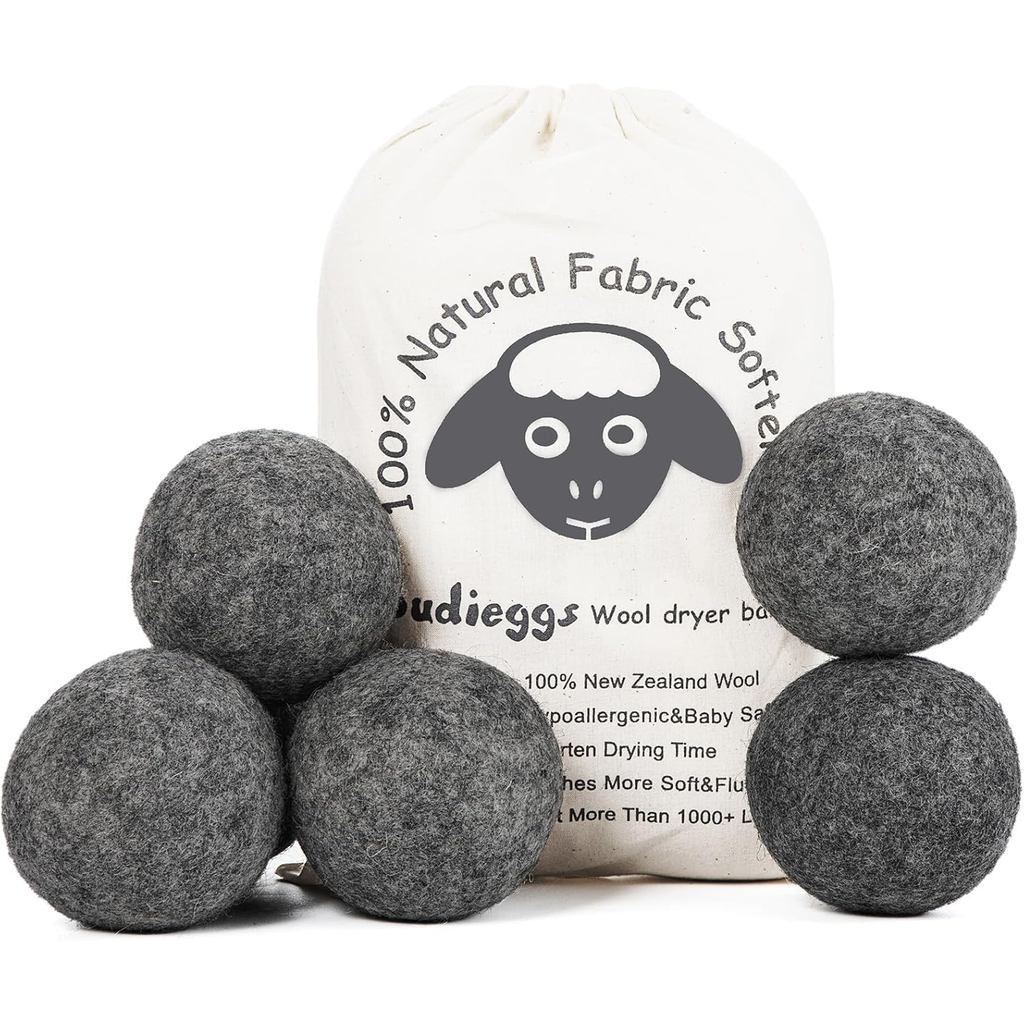 Budieeggs Wool Dryer Balls Dark Grey XL 6-Pack, น้ํายาปรับผ้านุ่มออร์แกนิคนิวซีแลนด์ 100% สําหรับโหลด 1000+ Baby Safe & Hypoallergenic ลดริ้วรอย & Shorten Drying Time Naturally