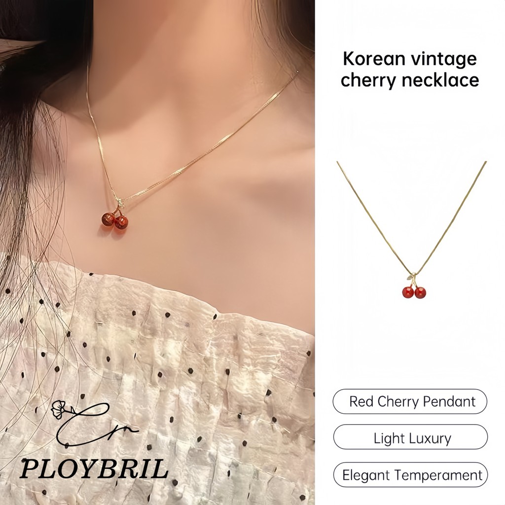PLOYBRIL สร้อยคอเชอร์รี่แดงสไตล์ย้อนยุค สร้อยคอแบบเรียบง่าย น้ำหนักเบา โซ่กระดูกไหปลาร้า X072