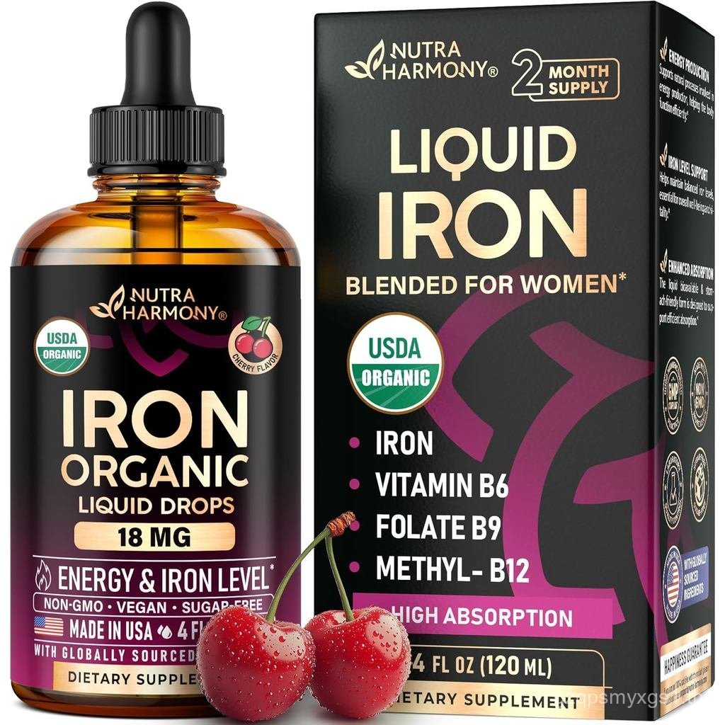 อาหารเสริมธาตุเหล็กเหลวสําหรับผู้หญิง 18 มก. - USDA Organic Drops, USA-Made - with Folate, Vitamin B