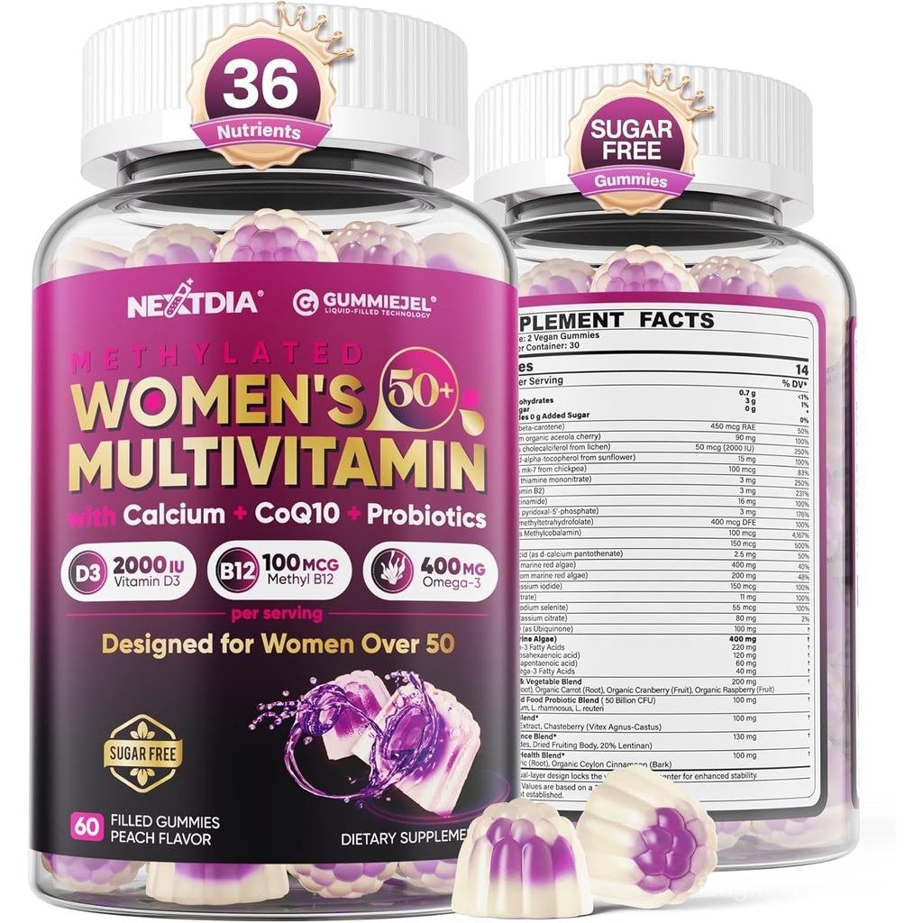 วิตามินรวมสําหรับผู้หญิง 50 Plus Gummies, Vegan Omega 3, Methylfolate, Calcium, D3 K2, CoQ10, Daily 