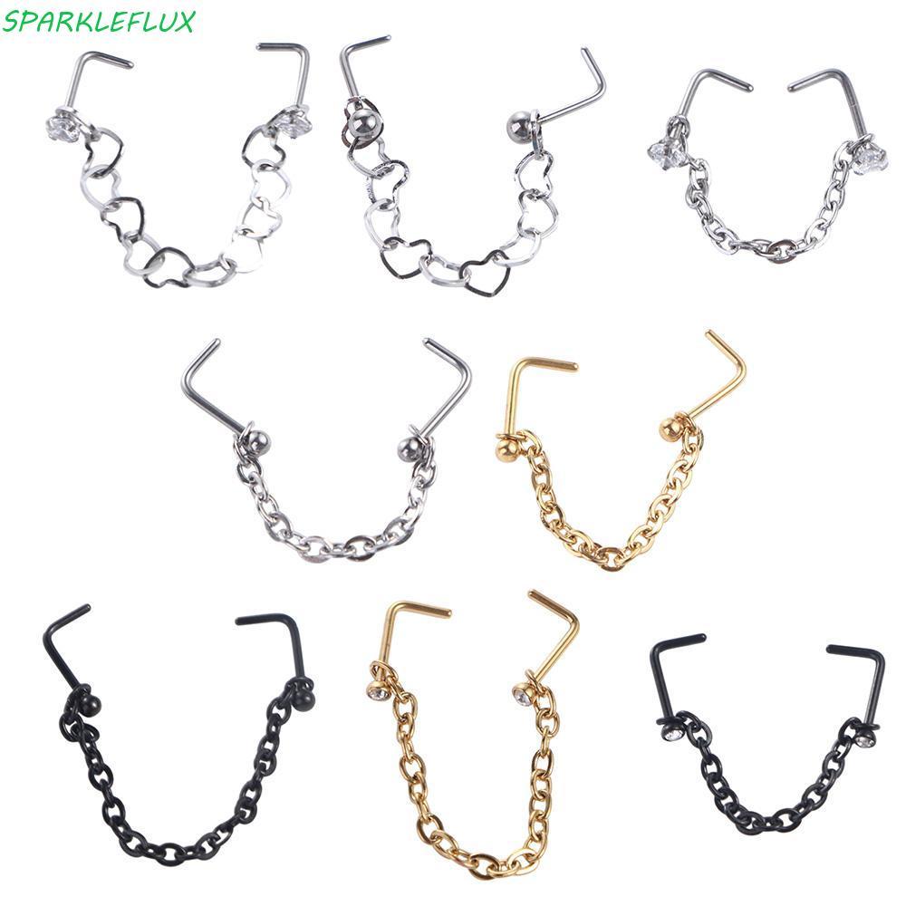 SPARKLEFLUX แหวนเจาะจมูกเครื่องประดับของขวัญ Punk สแตนเลส Love Heart Chain Nostral Ball Septum แหวน 