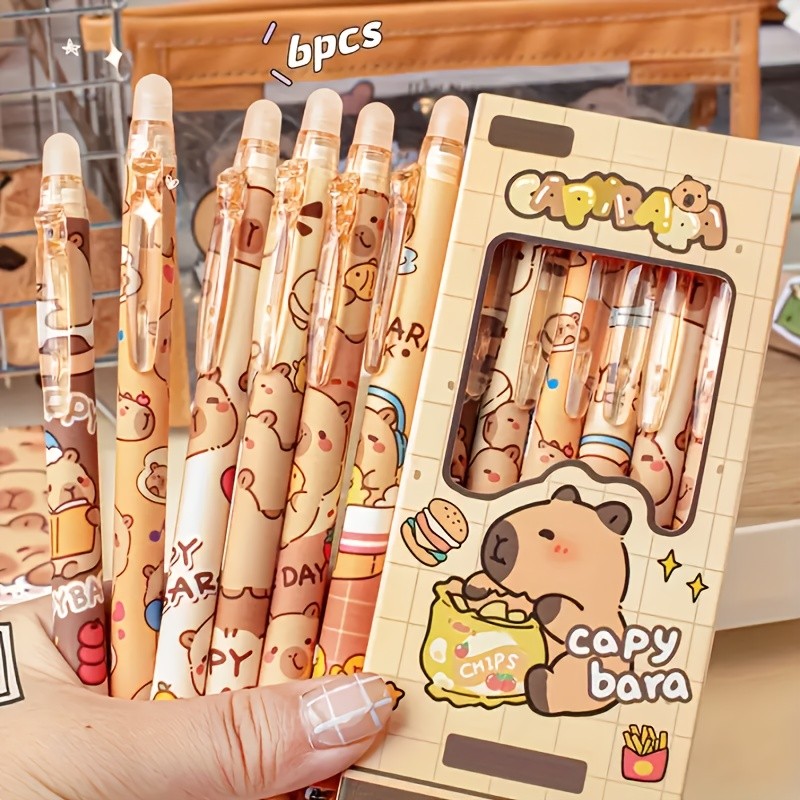 6 ชิ้น/เซ็ต Capybara Erasable ปากกาเจล 0.5 มม.หมึกสีฟ้า Stick Tip น่ารักกดด้านข้าง Acid-ฟรีปากกาโรงเรียนอุปกรณ์สํานักงานของขวัญ