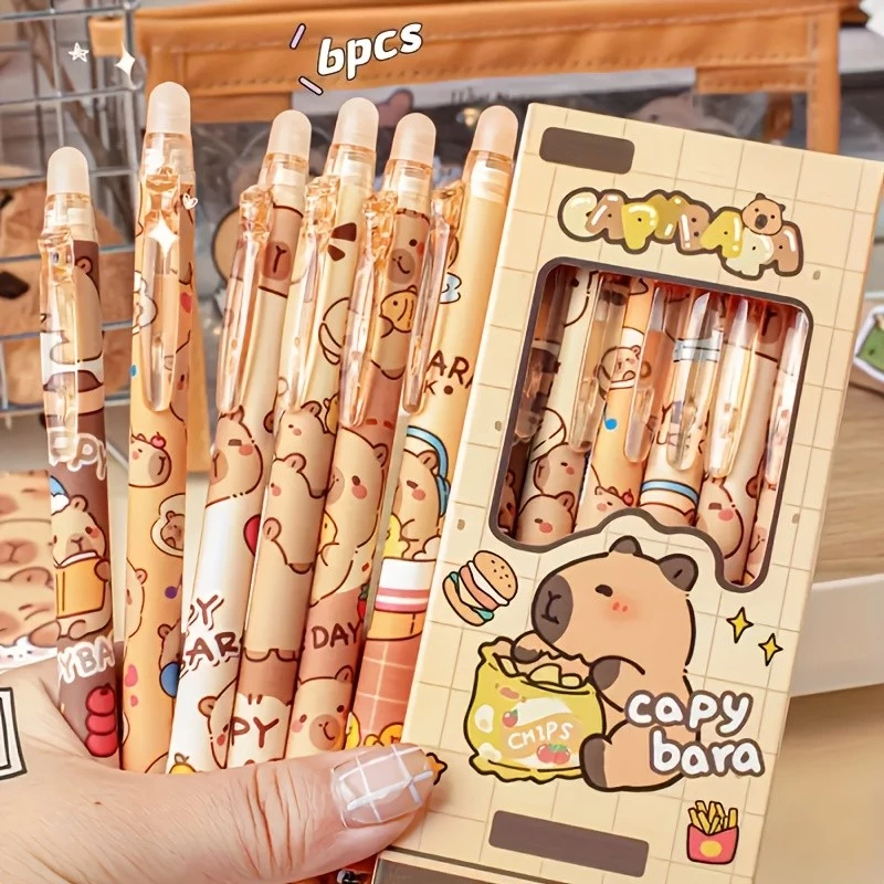6 ชิ้นน่ารัก Capybara Erasable ปากกาเจล 0.5 มม.หมึกสีฟ้าแบบพับเก็บได้สําหรับโรงเรียนและสํานักงาน Smooth Writing & Quick-Drying