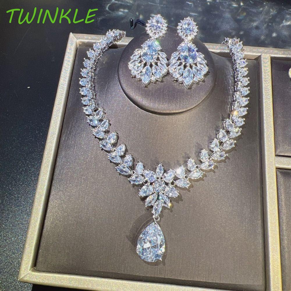 TWINKLE1 ชุดสร้อยคอต่างหู, ชุดเครื่องประดับเจ้าสาว Rhinestone หยดน้ํา, แฟชั่นต่างหูหยดเงาทนทานคริสตัลสร้อยคอเค้นคอเพื่อนเจ้าสาว