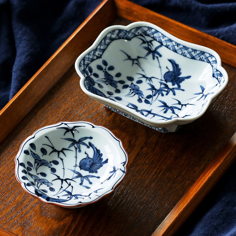 J6J7 Made in Japan Hasami Retro Blue White Bird จานเซรามิคจุ่มปรุงรสชามน้ําส้มสายชูจานขนมอาหารญี่ปุ่