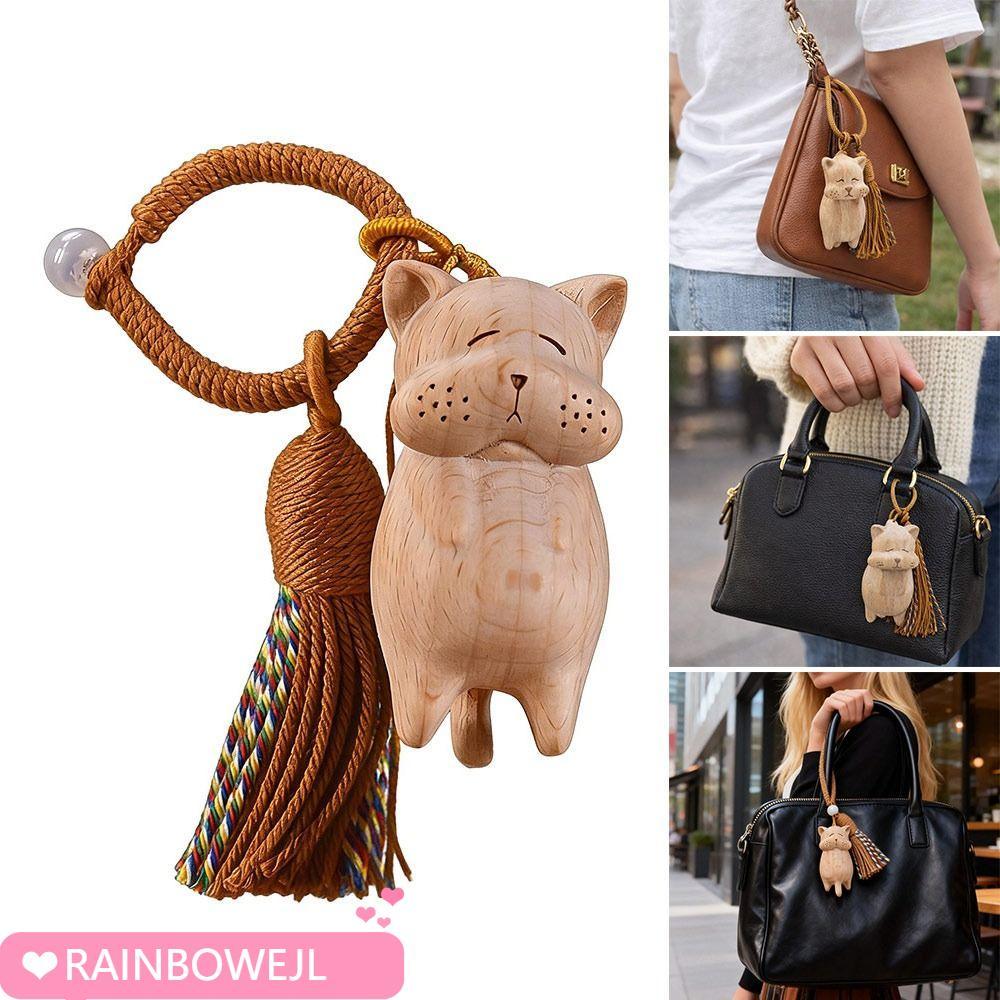 RAINBOWEJL พวงกุญแจแมว, เงินจับแมวกระเป๋าตกแต่ง Handcrafted จี้แมวไม้, พู่น่ารักวัสดุไม้จี้กระเป๋า