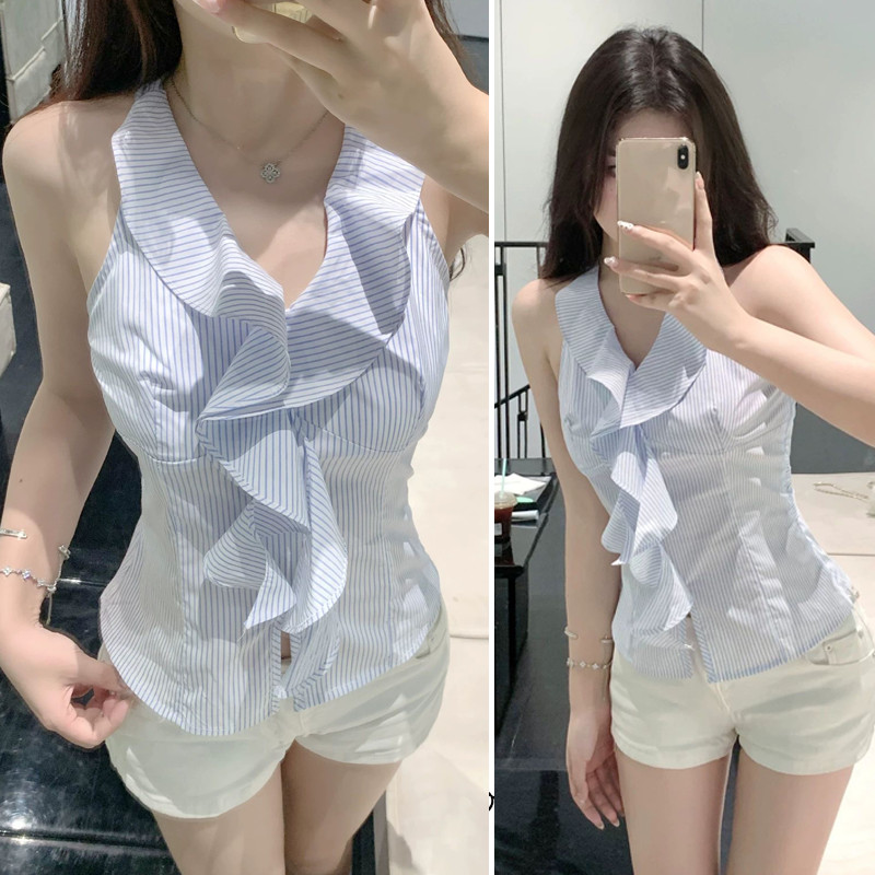 Dahong W724 เสื้อเชิ้ตแขนกุดระบายลายทางสีน้ำเงินสำหรับผู้หญิง เชิ้ตแขนกุดสไตล์ฝรั่งเศสอ่อนโยนดีไซน์เฉพาะตัว