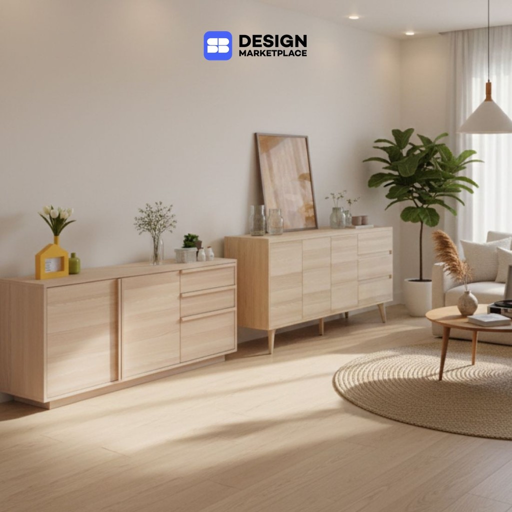 SB Design Square ไซด์บอร์ดทีวี 160 ซม. &  ตู้เตี้ย 150 ซม. รุ่น Aleece สีไม้อ่อน แบรนด์ SB FURNITURE