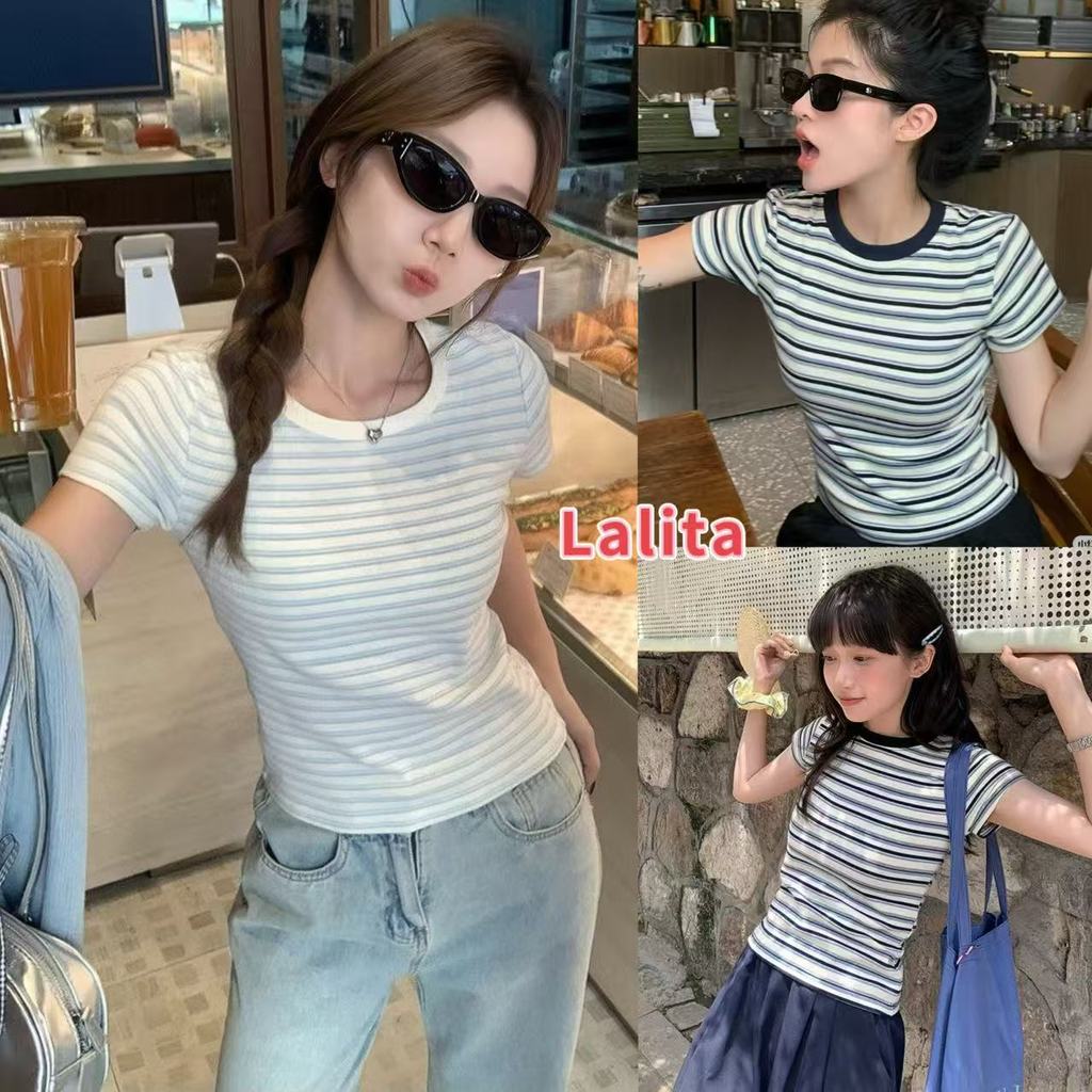 Lalita ส่งไวจากไทย เสื้อยืดลายริ้วคอกลม ฟีลสาวเกาหลี ทรงรัดรูปเบาๆ ใส่เที่ยวคาเฟ่น่ารักมาก