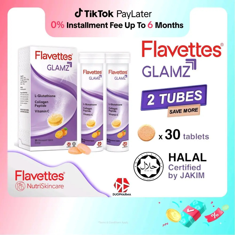 Flavettes Glamz Effervescent Vitamin C + Glutathione + Collagen 30 Tablets Orange Vanilla Flavour Ha