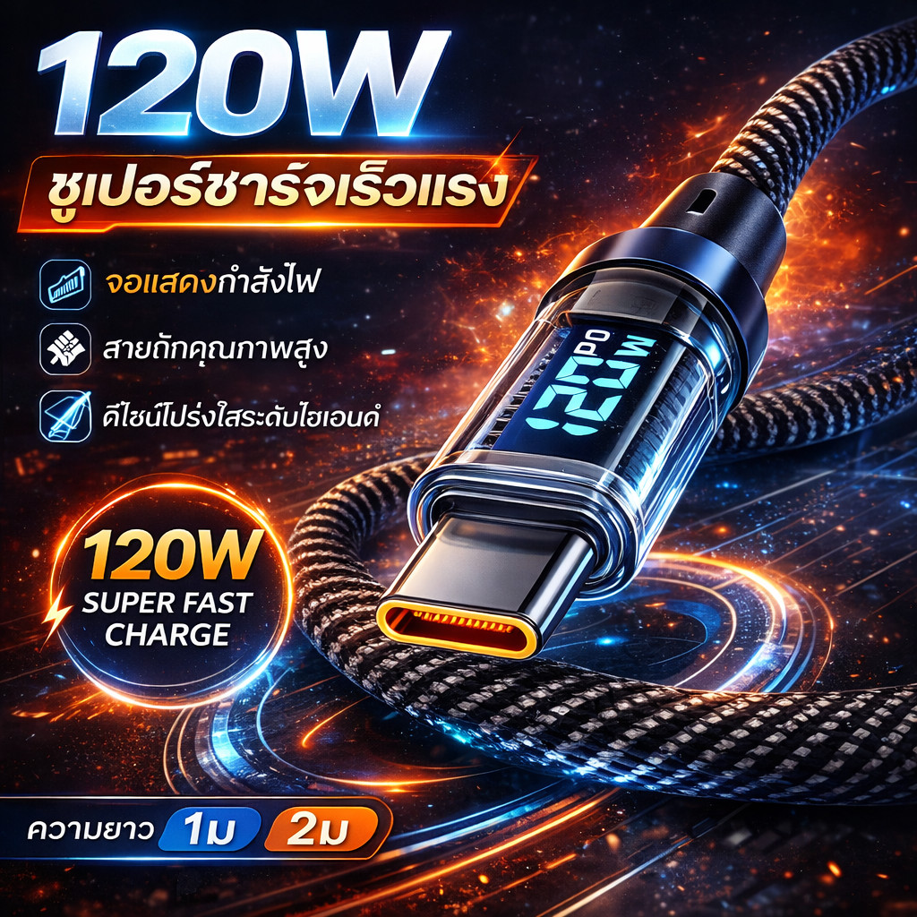 สายชาร์จเร็ว 120W ชาร์จด่วน USB TO Type C สายชาร์จโทรศัพท์ สายถักมีจอบอกวัตต์ 1m 2m