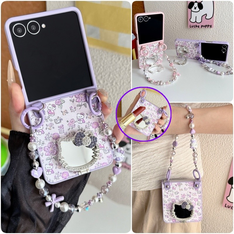 ดอกไม้แมวน่ารักกระจกสําหรับ Samsung Galaxy Z Flip 8 Z Flip 7 FE Z Flip 6 Z Flip 5 Z Flip 4/3 PU หนัง PC ฝาครอบลูกปัดสายรัดข้อมือ & Kickstand กระจก