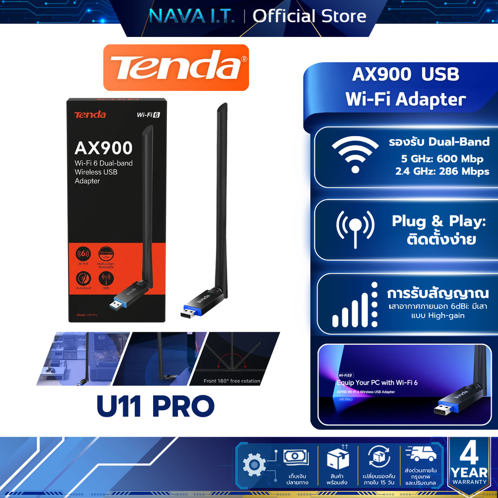 Tenda U11 Pro รับสัญญาณ USB WiFi 6 Adapter AX900 Card Dual Band 6dBi Antenna รับประกัน 4 ปี